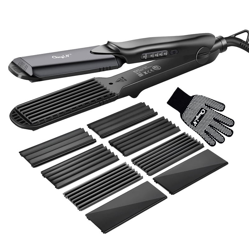  [AUSTRALIA] - Hair Crimper, CkeyiN Professional Crimping Iron and Straighter with Heat Resistant Glove Adjustable Temperature Dual Voltage 4 Interchangeable Ceramic Plates (Black) Black