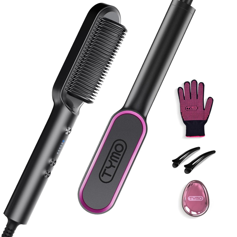 TYMO Hair Straightener Brush UK - Ring, Straightening Comb, Black | Flat Iron and Hair Brush 2-in-1, Anti-Scald, Fast Heating, 5 Temp Settings (130℃-210℃), Professional Salon at Home, Even Heat