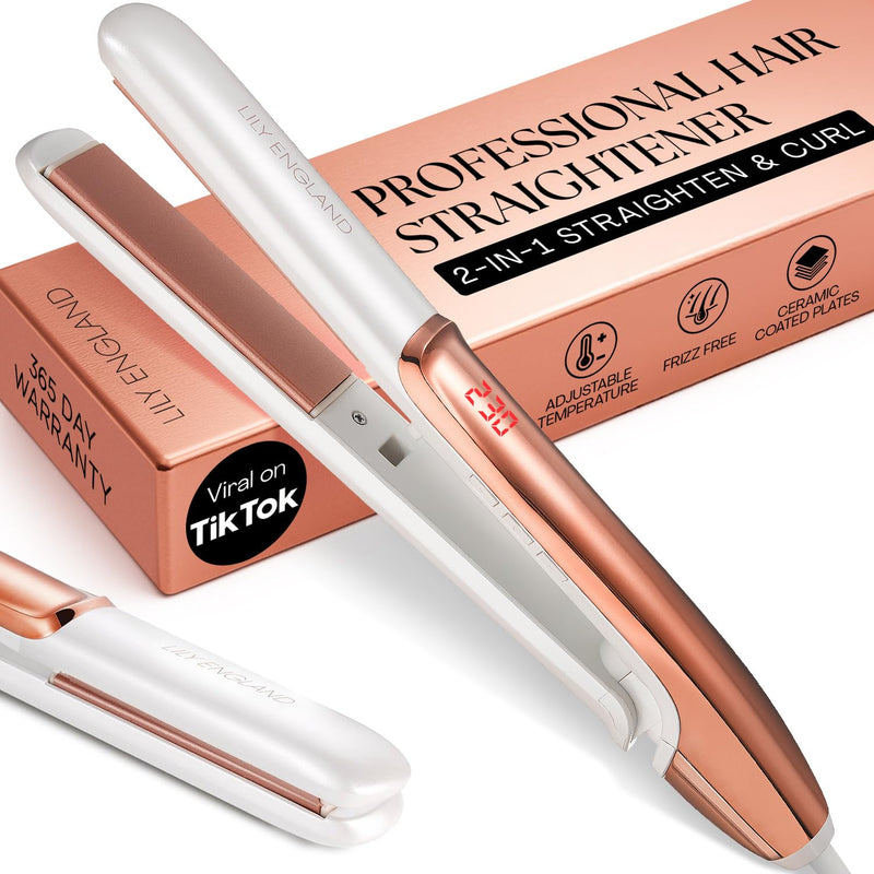 Lily England Hair Straighteners for Women, 2-in-1 Flat Iron & Curler Rose Gold