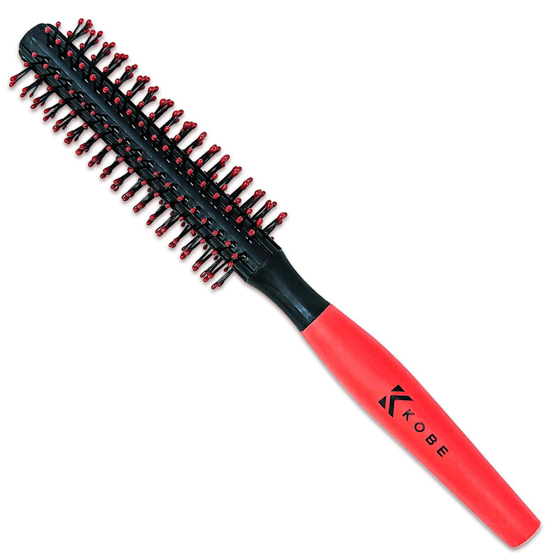 Kobe Professional Small Round Hair Brush and Quiff Roller for Men | 15mm 8-Row Double Bristles | Comfort Ball-Tipped Pins, Non-Slip Rubber Grip, Anti-Static Volumising Styling Tool Barber Supplies Red