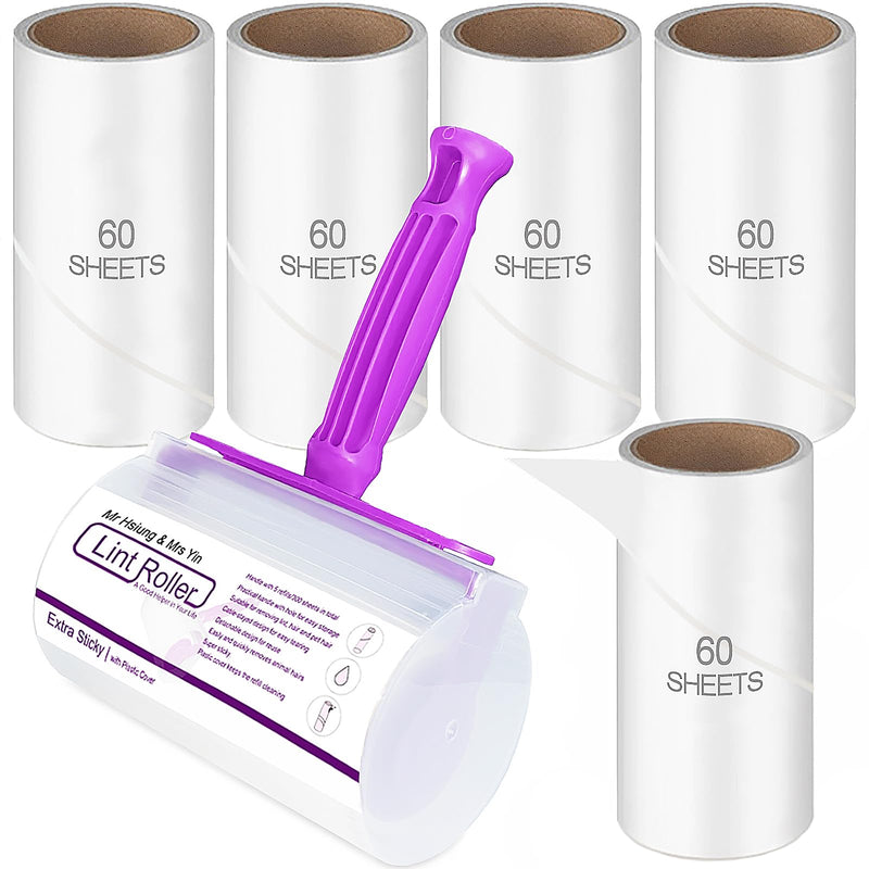 Mr Hsiung & Mrs Yin Lint Rollers for Pet Hair, Clothes Roller, Lint Roller for Clothes, Extra Sticky Lint Remover Brush, Pet Hair Remover, 1 Roller + 5 Refills, 300 Sheets Total 1 Handle, 5 Refills (300 Sheets)