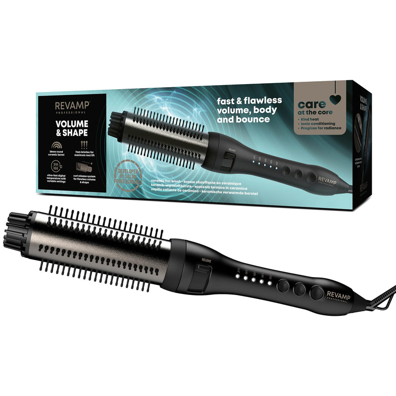 REVAMP Volume & Shape Ceramic Hot Brush Styler - Round Barrel 38 mm | Heated Curling Brush, Volume Release Retracting Bristles, Kinder Styling, Custom Temperature, Short to Long Hair Black/White