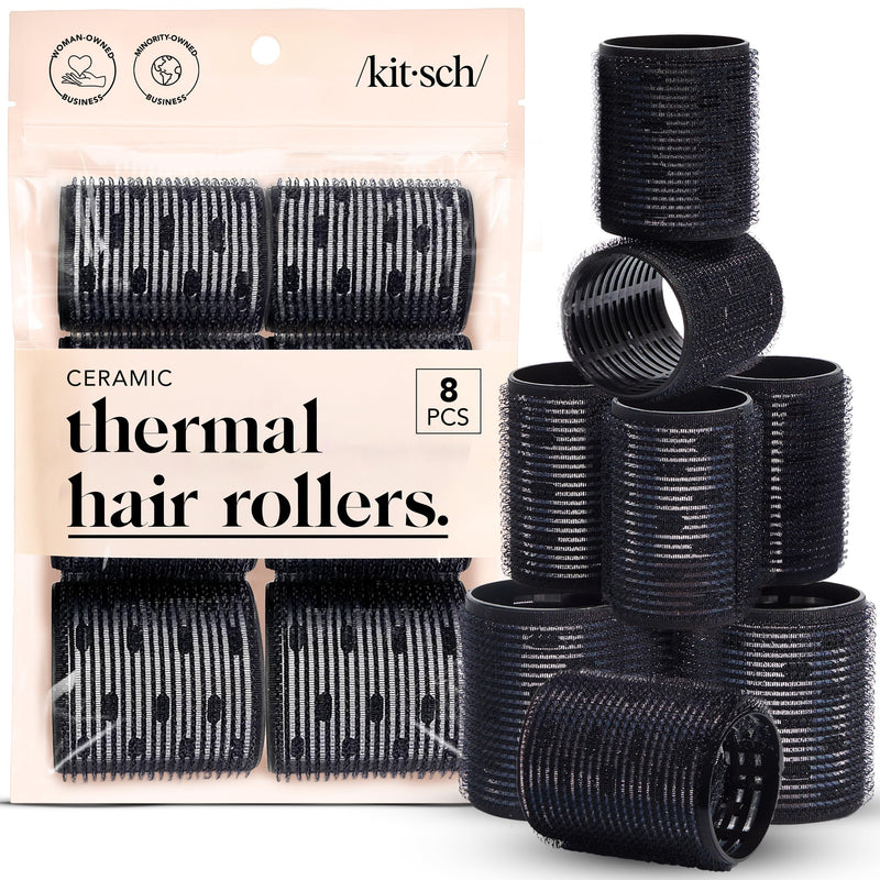 Kitsch Ceramic Thermal Hair Rollers Set 8pcs - Black | Hair Curlers Rollers for Perfect Curls, Hot Rollers Kit for Long Hair, Hair Rollers for Long Hair, Ceramic Coated 8 count (Pack of 1)