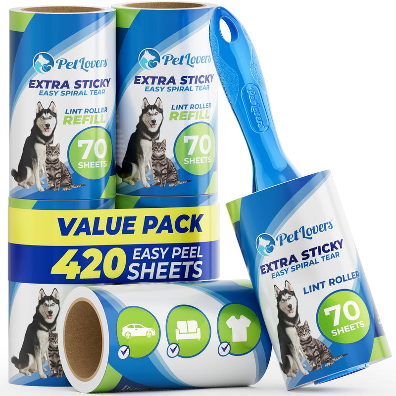 PetLovers Lint Rollers for Pet Hair Extra Sticky 420 Sheets - Lint Remover for Clothes 6 Pack