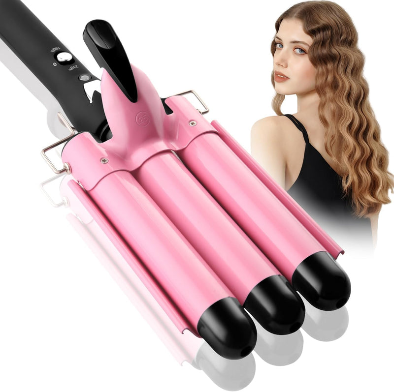  [AUSTRALIA] - 3 Barrel Hair Waver - 25MM Pink Hair Curling Iron with Dual Heat Settings & Temperature Control - Electric Crimper Wand for Big Waves & Curls