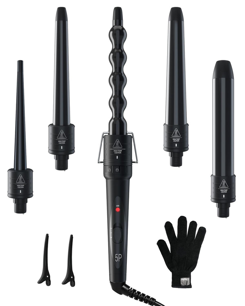 5 in 1 Curling Wand Set, Ohuhu Ceramic Barrels Hair Curler (9-32mm) | Dual Voltage, Heats in 30 Second, 356-410°F Adjustable, Travel-friendly, Lightweight, 2 Clips & Heat Glove, Gift for Women Black