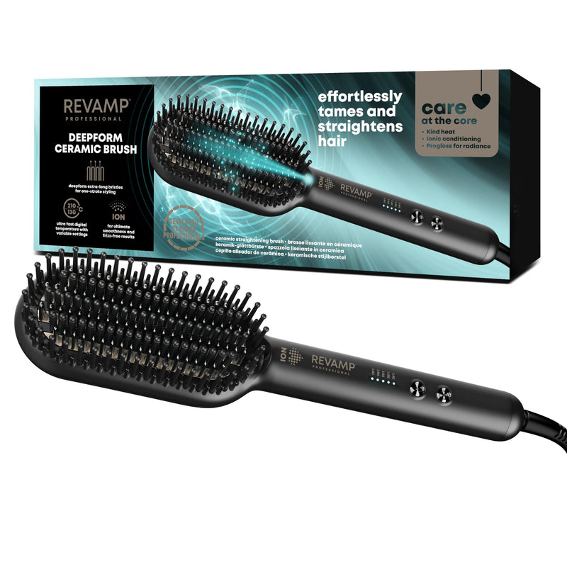 REVAMP Progloss Deepform Hair Straightener Brush - Ceramic, Ionic | Heated Brush Styler, Salon Professional Shine Oils, Ion Jet, Fast Hair Straightening, Smoothing