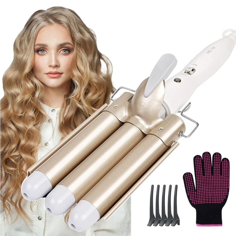  [AUSTRALIA] - flintronic Hair Curler, 3 Barrels Curler Ceramic Curling Iron Wand Hair Wavers with Two Gear Temperature Control, 25mm Curling Tongs Crimping Bubble Styling Tool Gold