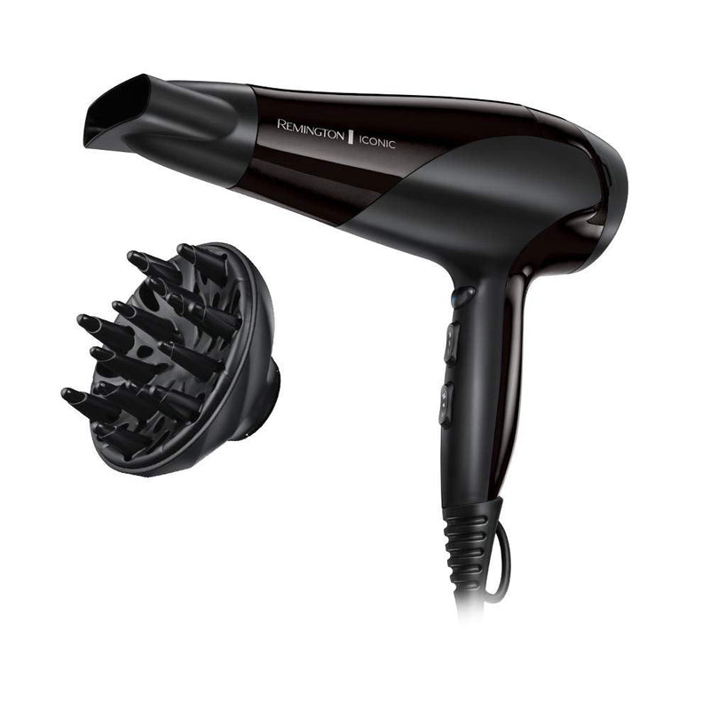 Remington Hair Dryer, Ionic Conditioning, 2200W, 3 Heat, 2 Speed, Black | Fast Professional Styling, Diffuser and Concentrator Attachments, Frizz Free Hair, Cool Shot Feature, Black, D3198 Single