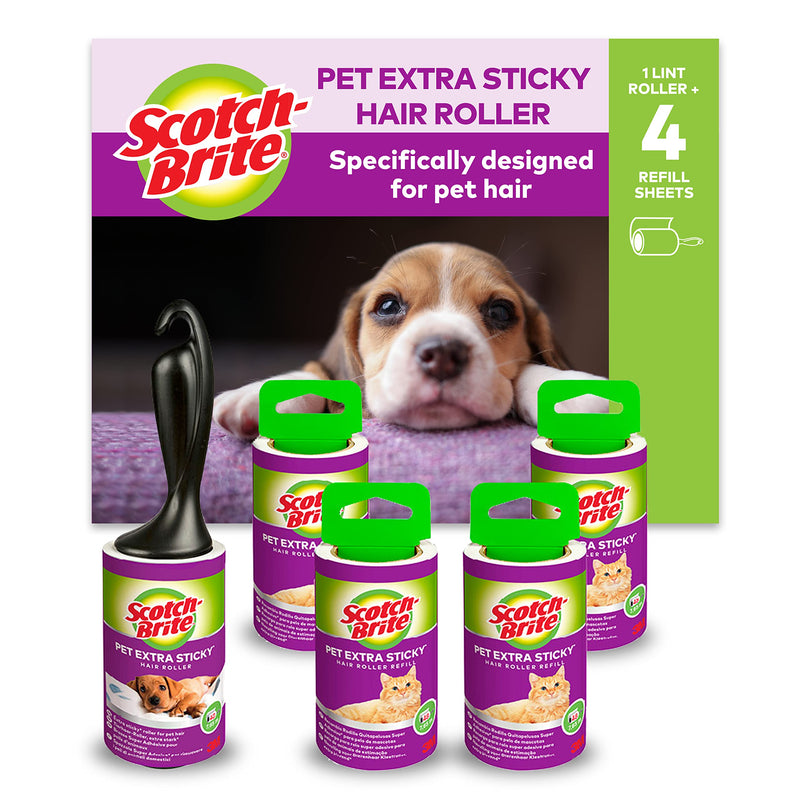 Scotch-Brite Extra Sticky Lint Roller, Works Great on Pet Hair, 5 Rolls (48 Sheets Per Roll, 240 Total Sheets), Purple/White Extra sticky kit Single