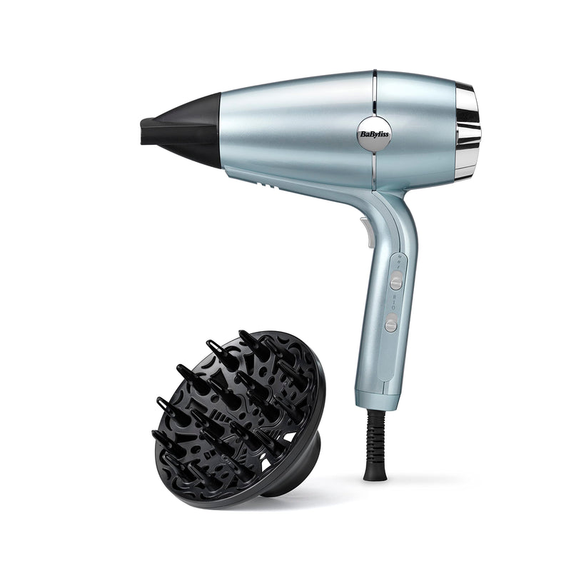 BaByliss Hydro-Fusion Hair Dryer with Diffuser - Professional 2100W Ionic Blow Dryer for Frizz-Free Styling, Plasma Technology for Shine, Lightweight Design, 3 Heat & 2 Speed Settings, Blue, 5573U Single