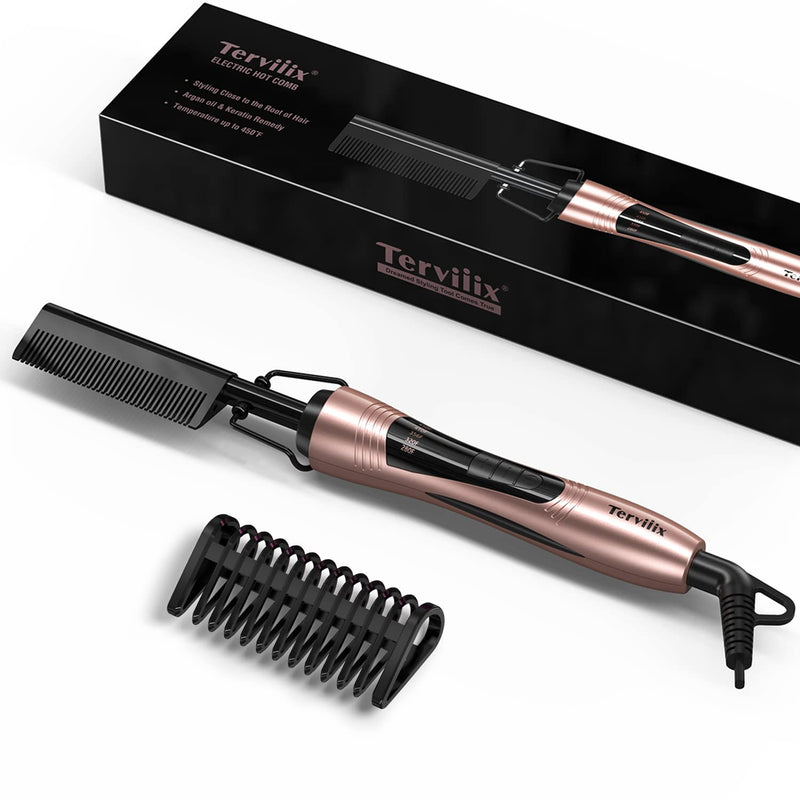 Terviiix Hot Comb Electric, Hot Comb for Wigs, Afro Hair & Beard, Anti-Scald Straightening Comb with Keratin & Argan Oil Infused Teeth, Temperatures Adjustable, 60 Min Auto Shut Off Rose Gold