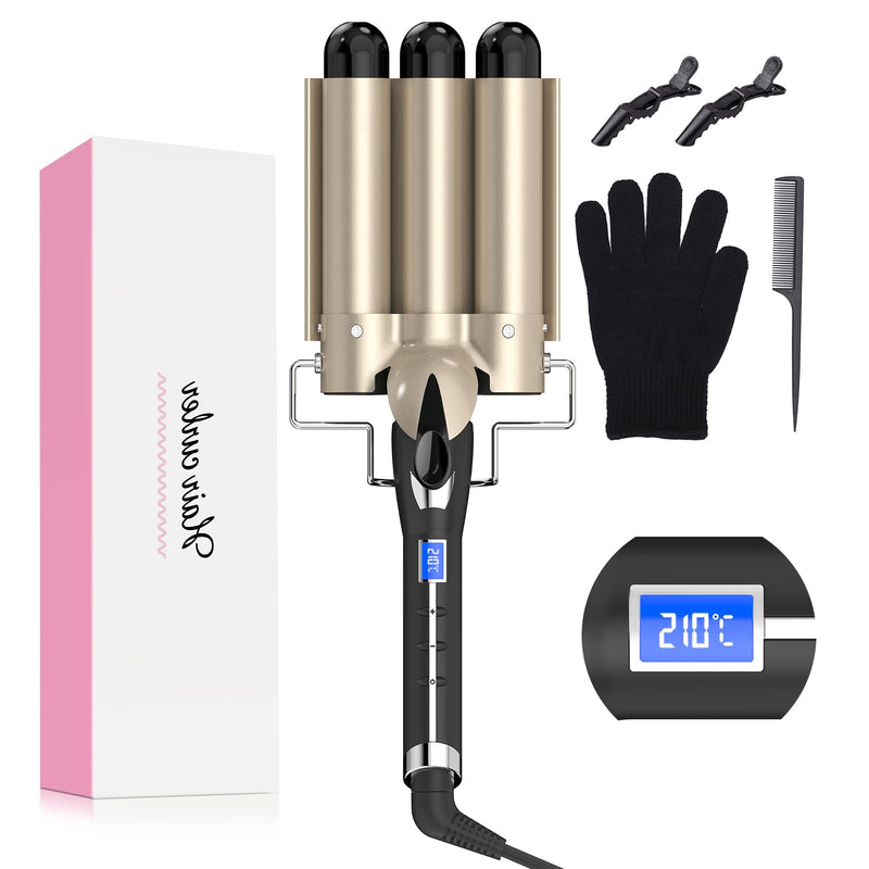 Mermaid Hair Waver 32MM for Loose Beachy Waves, AIMERVO 3 Barrel Curling Iron 1.25", 14 Heat Settings up to 210°C Work on All Hair Types, Tourmaline Ceramic Coating, Heats up in 30S,Long&Medium length Φ32MM