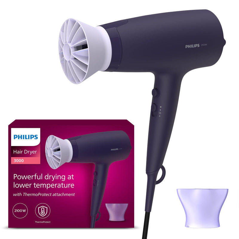 Philips Hair Dryer 3000 Series, ThermoProtect Attachment, with Nozzle, 2100W, Model BHD340/13
