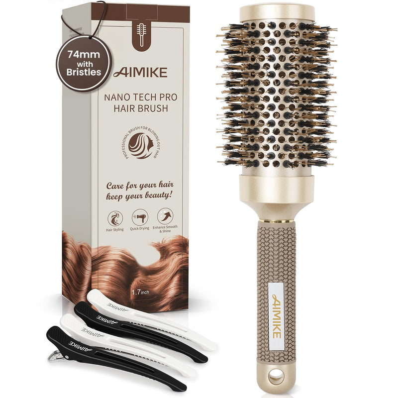 AIMIKE Round Hair Brush, Nano Thermal Ceramic & Ionic Tech Round Brush, RoundBrushes for Blow Drying with Boar Bristles, Barrel Brush for Styling, Curling,Add Volume & Shine (74mm,Barrel 43mm) 43mm-74mm including bristle