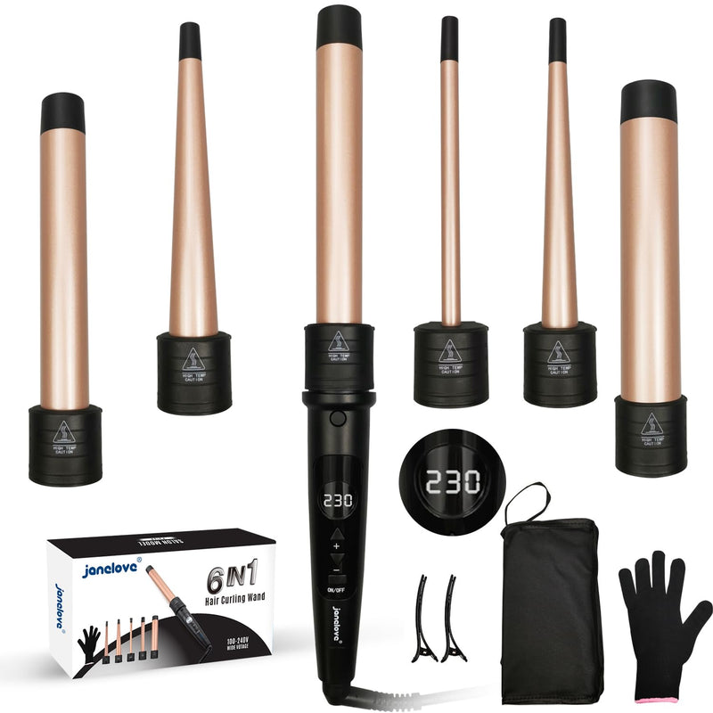 janelove Hair Curler, Curling Wand,6 in 1 Hair Iron Set for Long/Short Hair, with 5 Interchangeable Ceramic Barrel,Include Large/Small Curlers,with Heat Resistant Glove 6 in 1 - 80°C~230°C