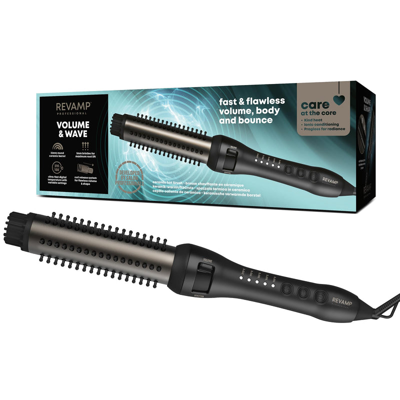 REVAMP Volume & Wave Ceramic Hot Brush Styler - 32 mm, Ionic | Round Barrel Hair Brush, Progloss Oils, Long Lasting Bounce, Fast Heat, Retractable Bristles, Snag Free