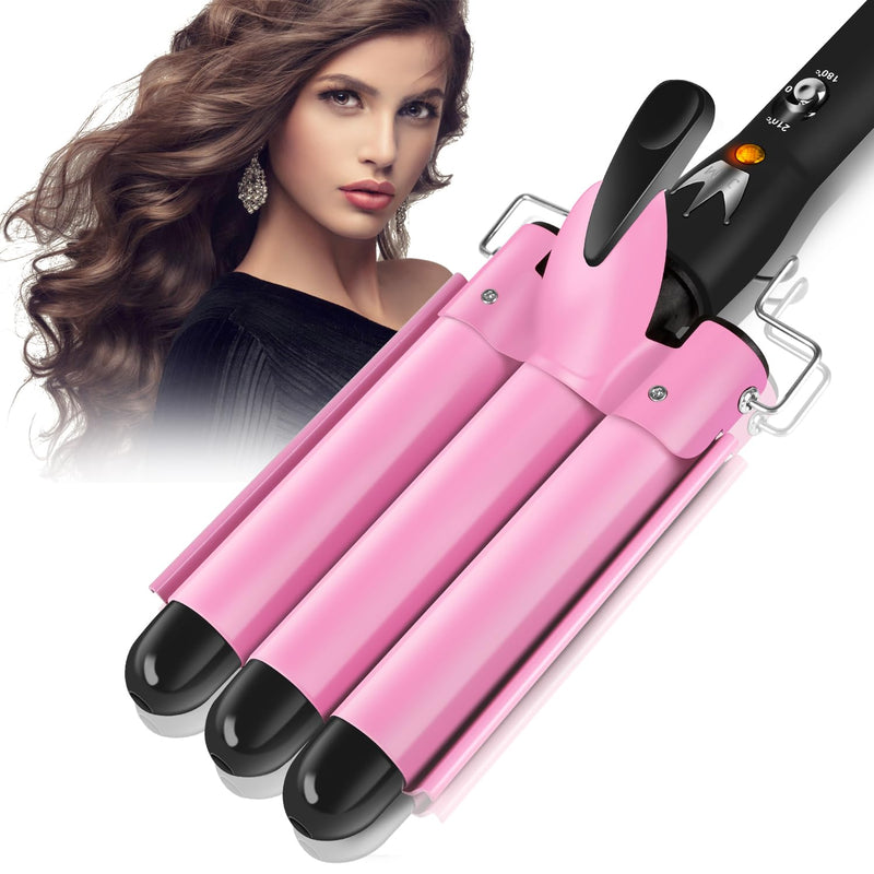  [AUSTRALIA] - 3 Barrels Hair Waver, 25mm Curling Iron, Beach Mermaid Waves Hair Crimper | Curling Tongs, Hair Curler with 2 Temperature Control Quick Heating, Waver Curling Wand for Long or Short Styling Pink