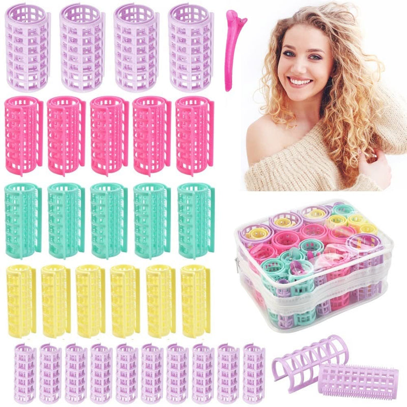 30 PCS Plastic Hair Rollers Curlers 5 Size Snap on Rollers No Heat Self Grip Hair Rollers for Short Long Hair, DIY Salon Hairdressing Curlers with 5 Duckbill Clips for Barber Hair Dressing