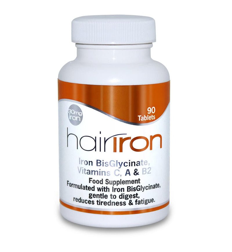 HAIRIRON - High Strength Iron Supplements - Gentle Iron BisGlycinate 30mg with Vitamins C, A & B2 Tablets, Vegan Supplements for Men & Women's Health - 90 Tablets.