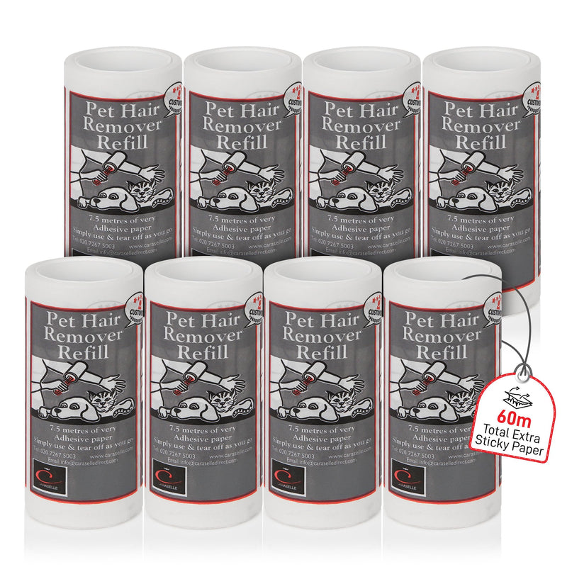 Caraselle Pet Hair Remover Refill Extra Sticky Lint Roller (8 refills only) | 60m total (≈450 Sheets Equivalent) of super adhesive refill to remove lint, fluff & hair from furniture, bedding, car pack of 8 refills