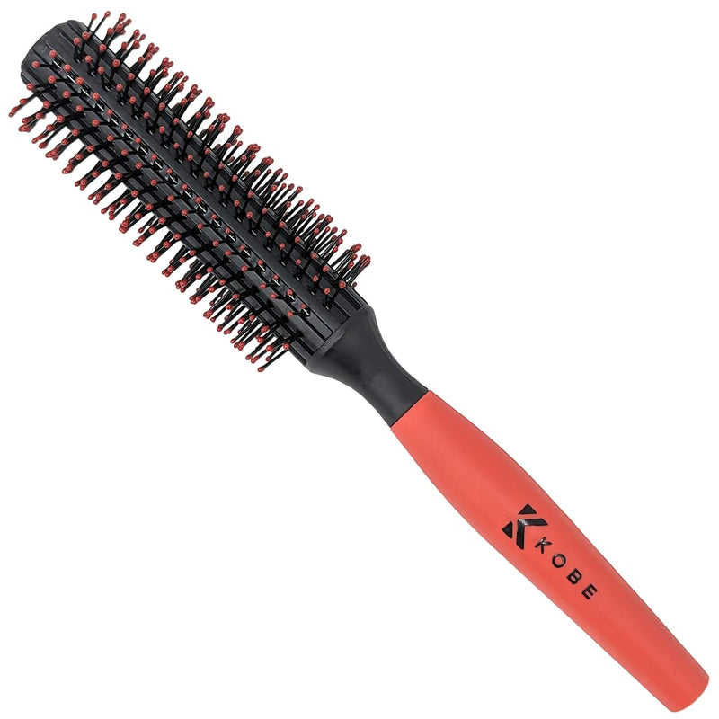 Kobe Professional Large Round Hair Brush and Quiff Roller for Men | 20mm 12-Row Dense Bristles | Comfort Ball-Tipped Pins, Non-Slip Grip, Anti-Static Volumising Styling Tool Barber Supplies L Red