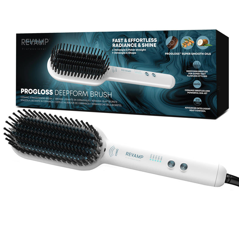  [AUSTRALIA] - REVAMP Deepform Ceramic Straightening Brush - Hair Straightening Paddle Hot Brush, Ionic Technology, Extra Long Heated Bristles for Frizz Free Hair, Oil Infused for Salon Professional Shine, White