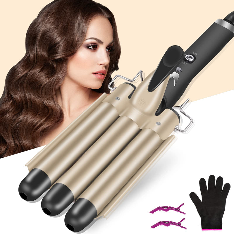 3 Barrels Hair Crimper, 22mm Curling Iron, Beach Mermaid Waves Hair Waver | Curling Tongs, Hair Curler with 2 Temperature Control Quick Heating, Waver Curling Wand for Long or Short Styling