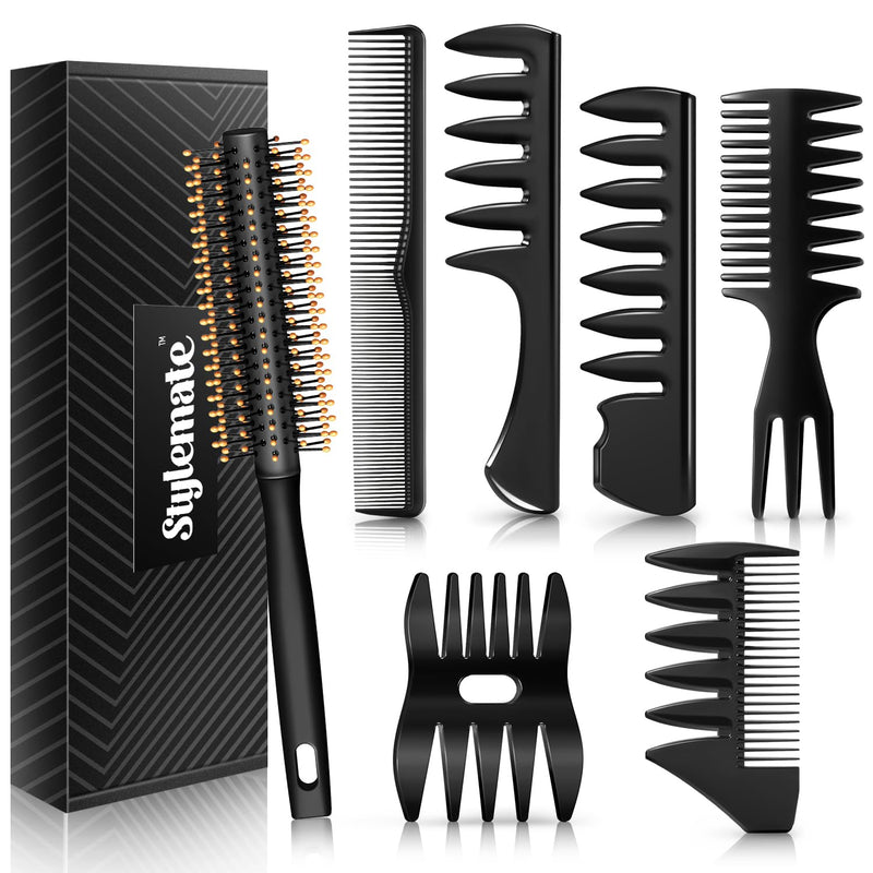 Hair Styling Combs and Brush Set for Men, Quiff Roller Brush for Adding Volume, Mens Styling Combs for Quiff, Pompadour, Slick Back, Fauxhawk, Undercut Black 7pcs