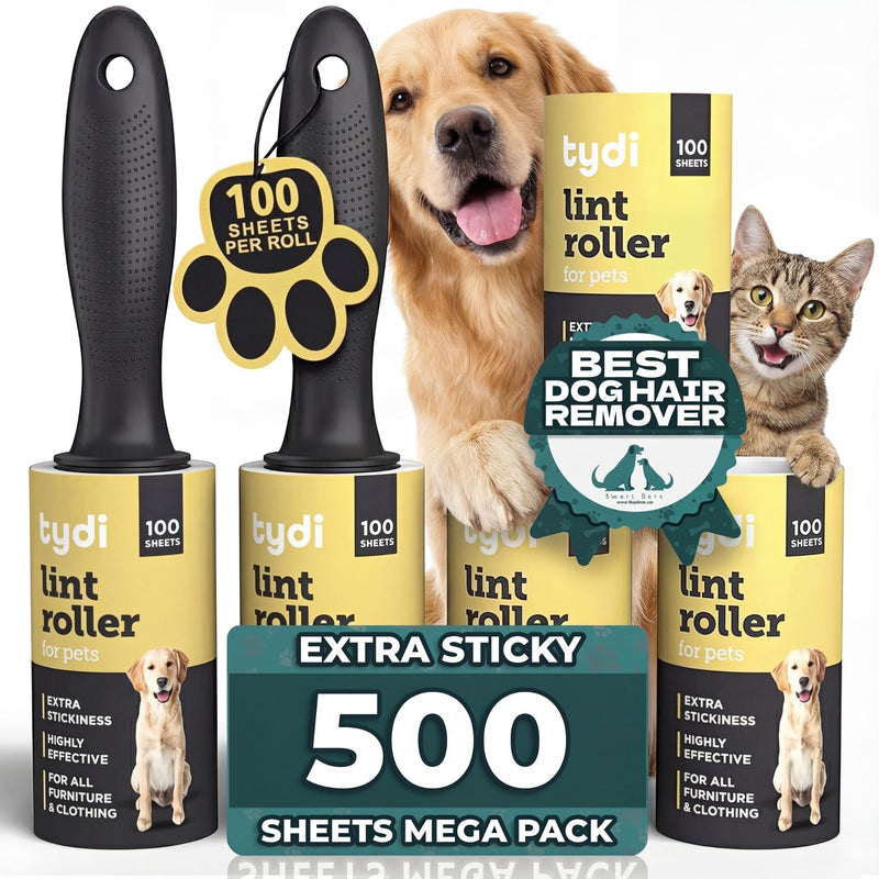 Tydi Pet Hair Lint Rollers, 500 Sheets with 2 Handles | 100 per roll · Reusable design · Also lifts fluff from clothes 5 Rolls + 2 Handles