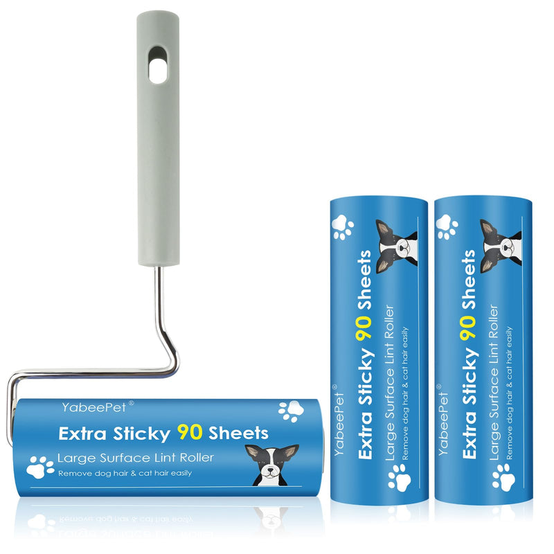 Extreme Sticky Large Surface Lint Roller, Long Handle Pet Hair Remover, Designed for Removing Pet Dog Cat Hair 90 Sheets per Roll, 6.3 inch Width (1 Roller+2 Refills) 1 Roller + 2 Refills