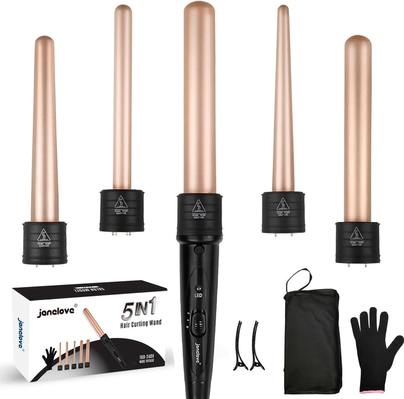 janelove Curling Wand,Hair Curlers for Long Hair, Curling Wand Set with 5 Ceramic Barrels,from 9/18/25/32 mm, 150℃-210℃ Temperature Control,with Heat Resistant Glove 5 in 1 (9-32 mm) - 150-210°C