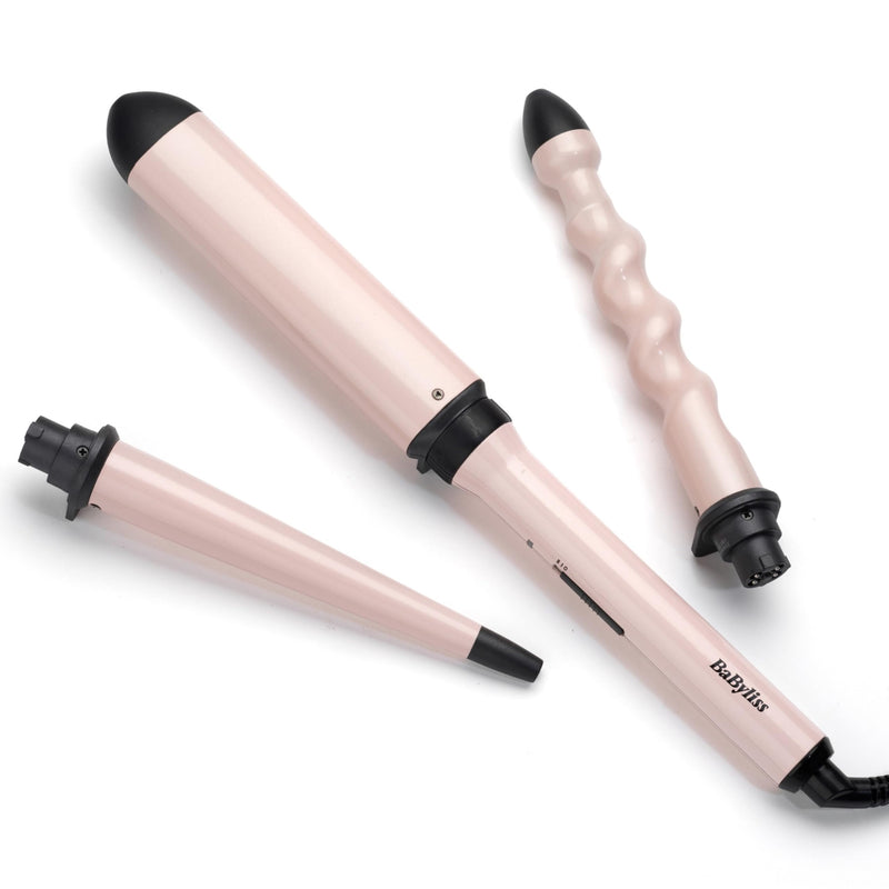 BaByliss Curl and Wave Trio Styler, Multi-Styler, Hair Waver and Hair Curler, Beachy Waves, Loose Waves, 3 in 1 Curling Wand, Pink, 2750U Single