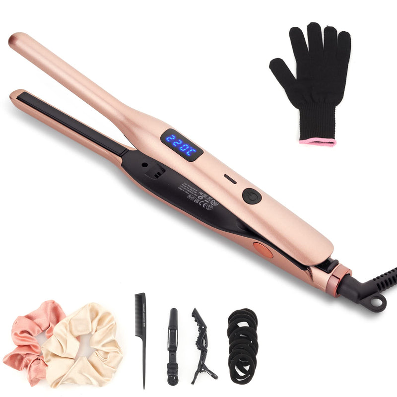 JAETON Mini Hair Straightener for Short Hair,Pixies,Bangs,Small Curls | Small Travel Flat Iron, Adjustable Temperature Pencil Straightener, Dual Voltage Rose Gold