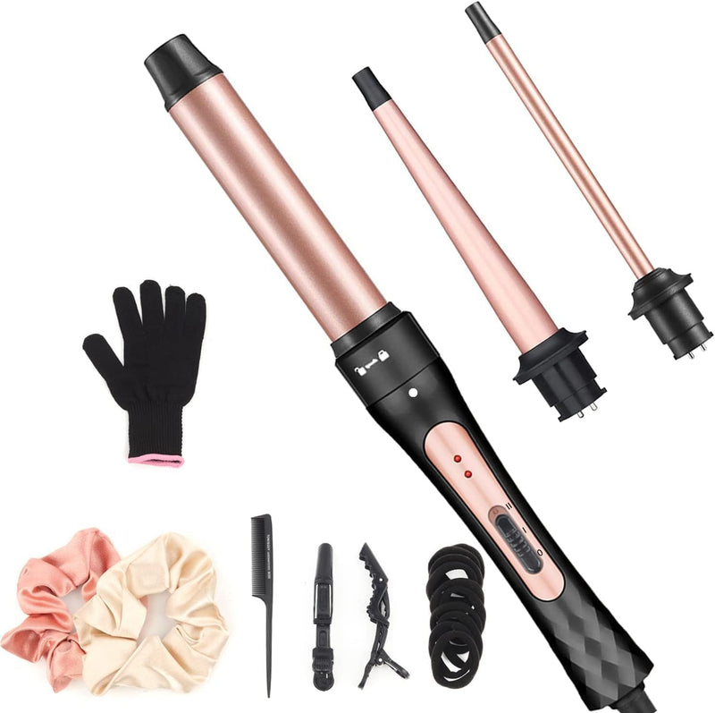 JAETON 3 in 1 Curling Iron Wand Set with 3 Interchangeable Barrel(9-32mm) | 2 Temp 180℃/230℃ Hair Curler for Long & Short Hair, Instant Heat Up Curling Tongs, Include Glove, Dual Voltage Small-1, 3 tubes