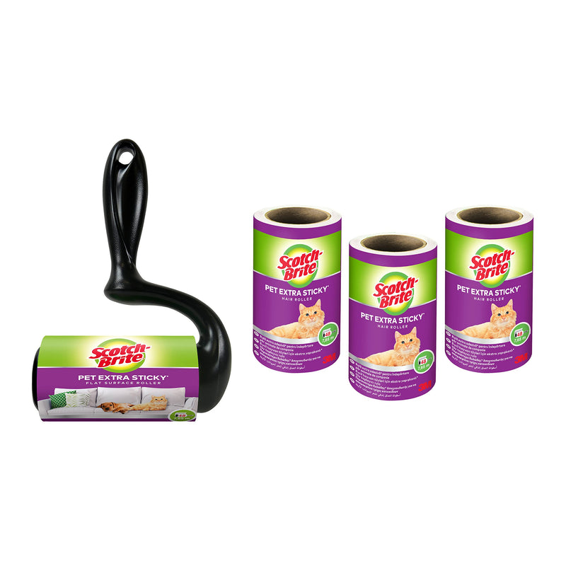 Scotch-Brite Large Surface Extra Sticky Hair Roller, 4 Roller Refills, 48 Sheets per Roller 192 Total Sheets, White Flat surface roller kit Single