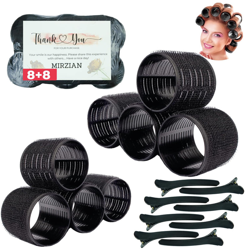 16 Pcs Jumbo Hair Rollers Set - 8 Heatless Self Grip Curlers, 8 Duckbill Clips, Black Hair Curlers for Long Hair,No Heat Rollers (44mm), Pack of 1