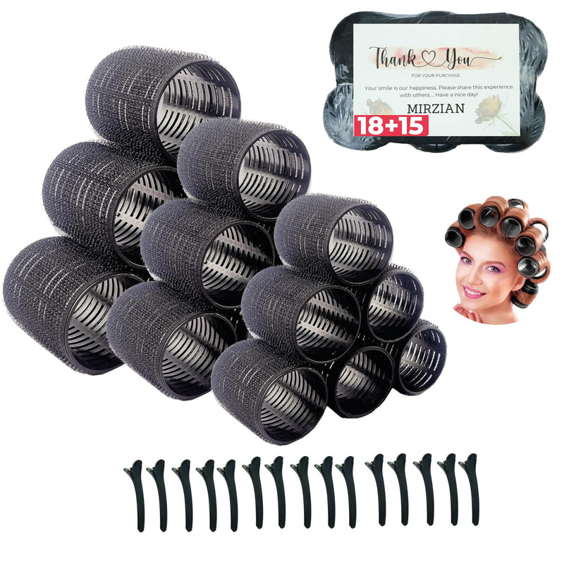  [AUSTRALIA] - MIRZIAN33 Pcs Jumbo Hair Rollers Set - 18 Heatless Self Grip Curlers, 15 Duckbill Clips, (6x 66mm,6x 50mm,6x 44mm) Black Curlers Long Hair,No Heat (Jumbo set), 33.0 count, Pack of 1