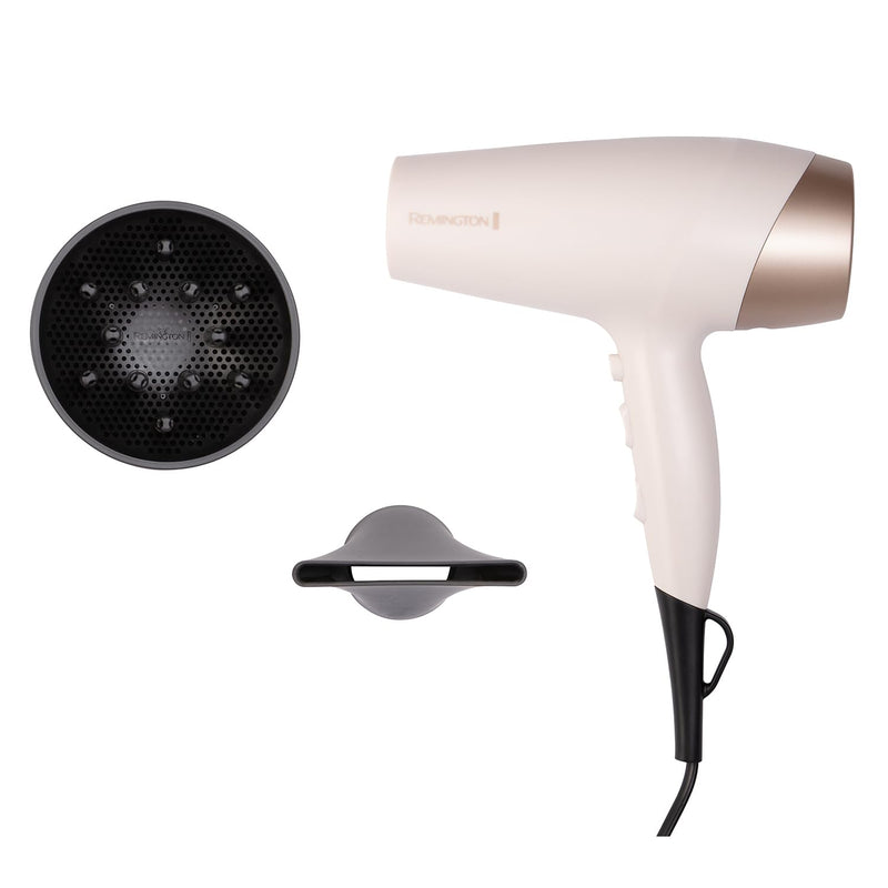 Remington Shea Soft Hair Dryer, Ionic, 2200W, 3 Heat, 2 Speed, d4740 | Micro-Conditioners Enriched with Shea Oil, Includes Diffuser, Wide Drying Concentrator, Cool Shot Feature