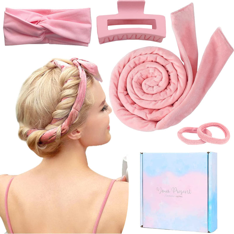 TOBATOBA Heatless Curlers Headband,Heatless Curls For Sleeping Overnight Heatless Hair Curling Set Soft Heatless Curling Rod Headband Wave Hair Curlers With Hair Clip Styling Tools (Pink) Pink