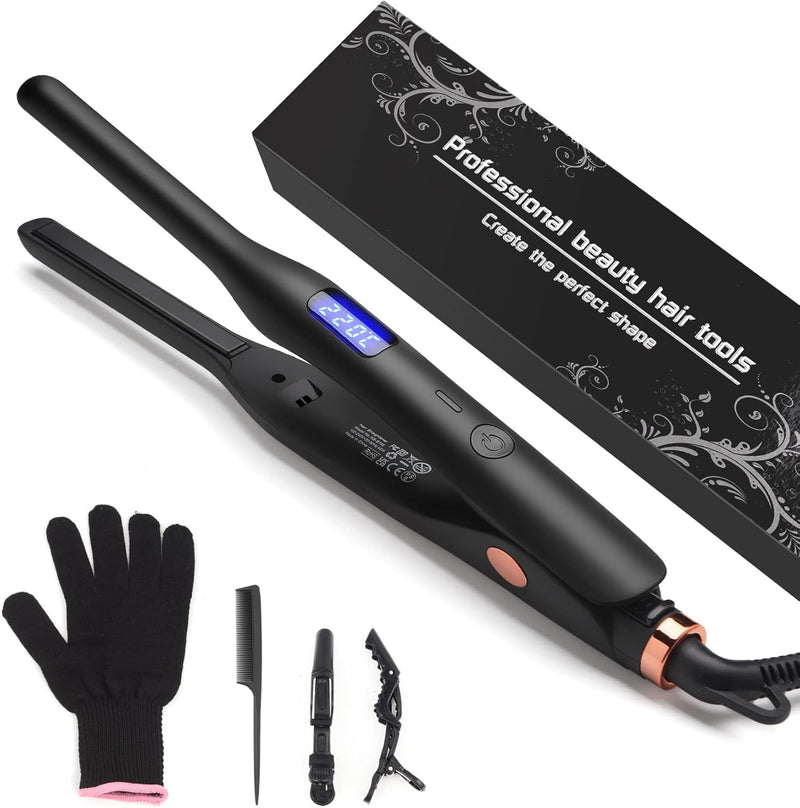 JAETON Mini Hair Straightener for Short Hair,Pixies,Bangs,Small Curls | Small Travel Flat Iron, Adjustable Temperature Pencil Straightener, Dual Voltage Black