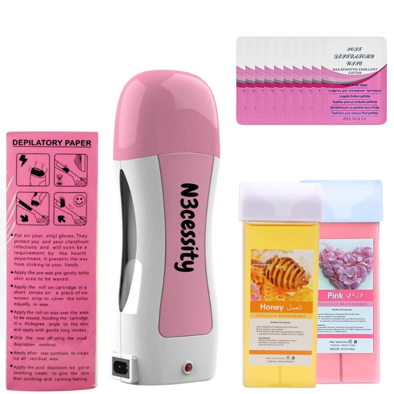 Roll On Wax Kit for Women & Men, At Home Waxing Kit with Wax Warmer, 2 Honey & Rose Roller Cartridges, 100 Wax Strips, 10 Wipes, Hair Removal for Legs Arms Bikini, Sensitive Skin Pink