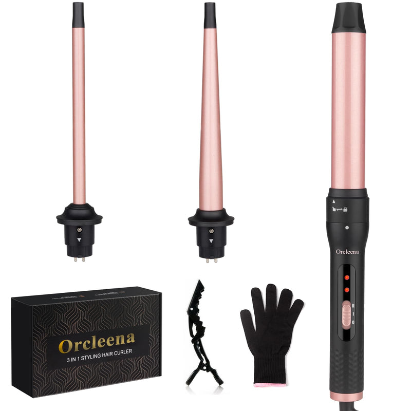 Curling Wand 3 in 1 Hair Curler Ceramic Curling Tongs Iron Set | Long Thick Thin Hair Interchangeable Barrels Beach Waves Styling Tools with Glove Rose Gold hair curler 3 in 1