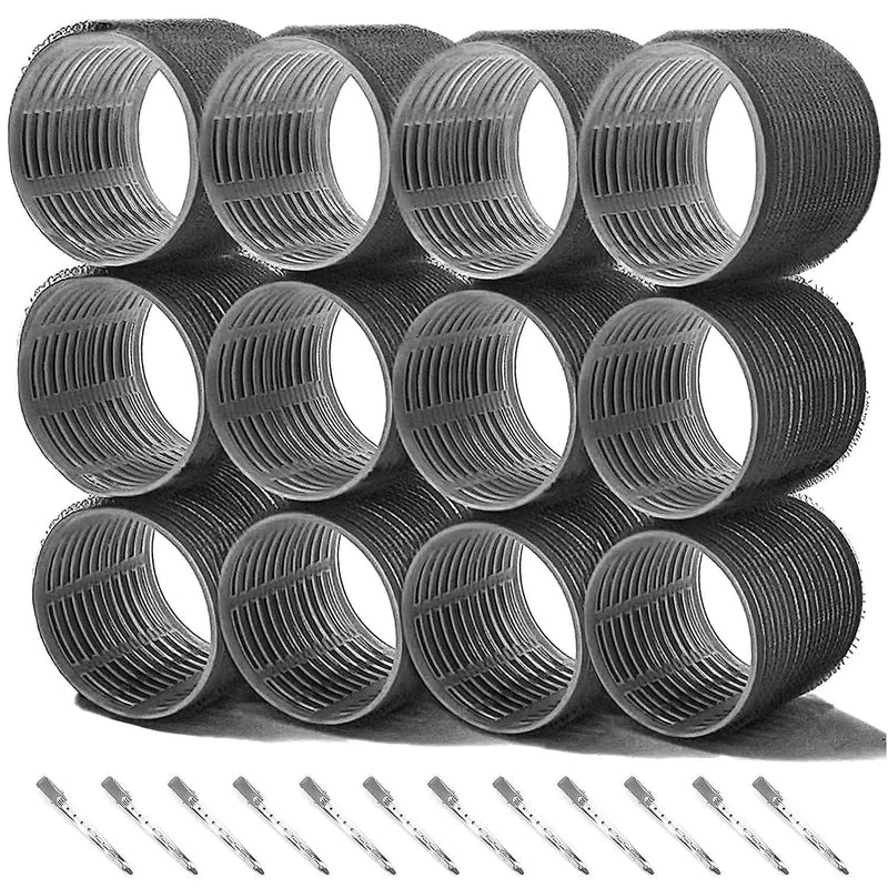 24 Pcs Hair Rollers Set, Hair Curlers With 12 Pcs 64MM Self Grip Jumbo Hair Rollers & 12Pcs Duckbill Clip, Salon DIY Hairdressing Curlers Hair Curlers Rollers Tools for Long Medium Short Hair 64MM-Black