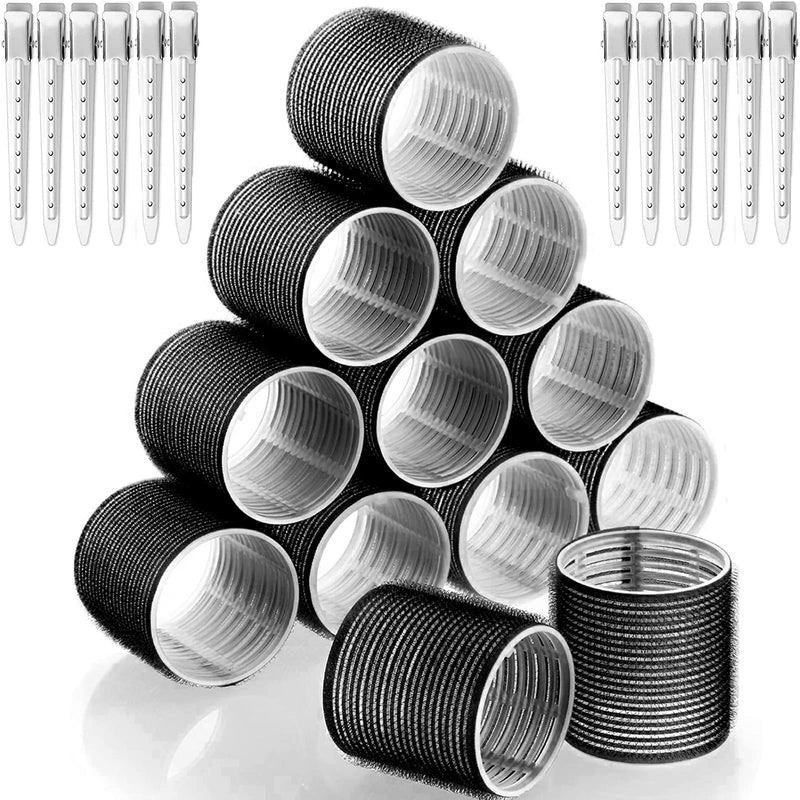 Hair Rollers Set 24 Pcs, Hair Curlers With 12 Pcs 48MM Self Grip Jumbo Hair Rollers & 12Pcs Duckbill Clip, Salon DIY Hairdressing Curlers Hair Curlers Rollers Tools for Long Medium Short Hair Black-48MM