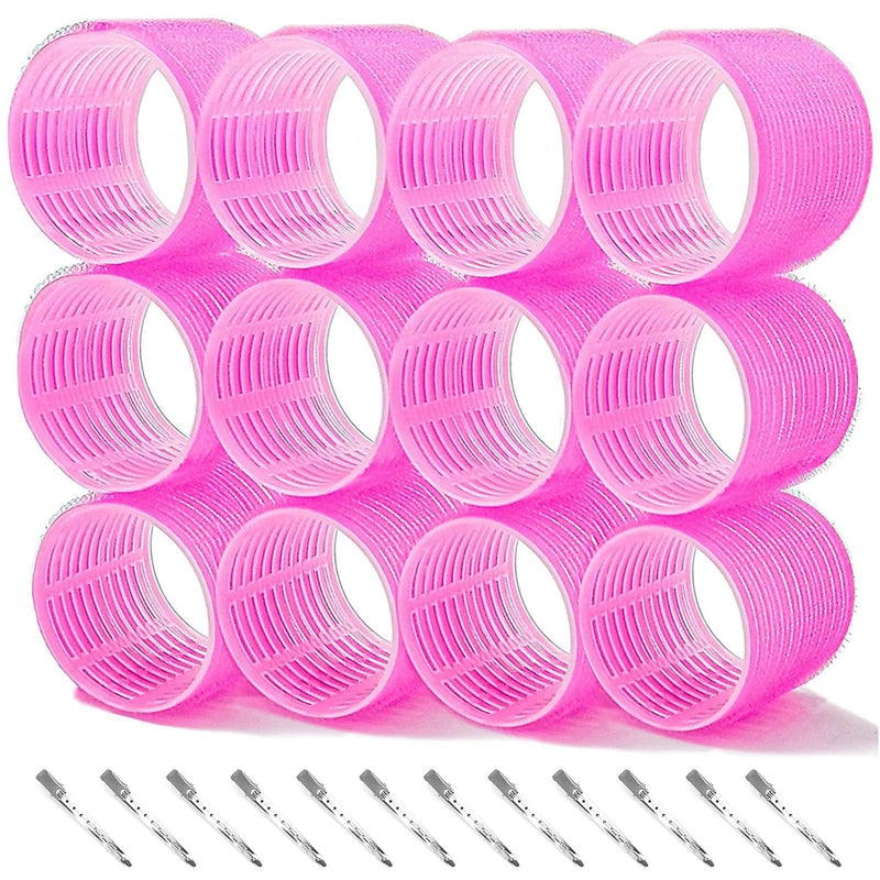 24 Pcs Hair Rollers Set, Hair Curlers With 12 Pcs 64MM Self Grip Jumbo Hair Rollers & 12Pcs Duckbill Clip, Salon DIY Hairdressing Curlers Hair Curlers Rollers Tools for Long Medium Short Hair 64MM-Rose Red