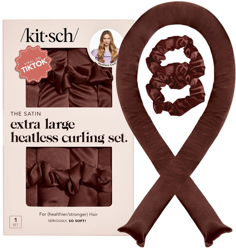 Kitsch XL Satin Heatless Curler Set - Chocolate | Heatless Curls Overnight w/39 " Hair Waver & 2 Satin Scrunchies, Comfortable Hair Curlers to Sleep in for Frizz-Free Hair