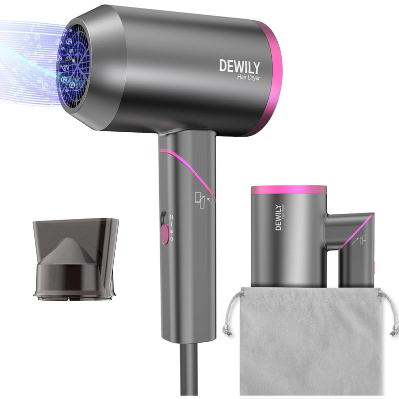 Travel Hair Dryer for Women Men-DEWILY Powerful Foldable Ironic Hairdryers | Fast Drying Hair Dryers for Curly Hair and Straight Hair，Small Blow Dryer Grey/Rose-1 Nozzle