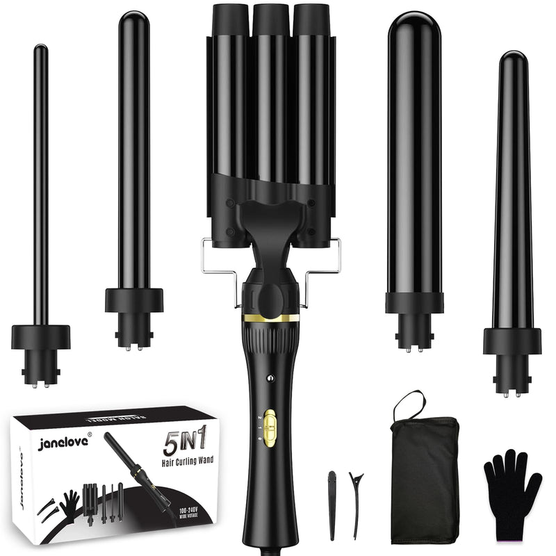 janelove Hair Curler 5 in 1 Curling Wand Set with 3 Barrel Hair Waver and 4 Interchangeable Ceramic Curling Iron 10-32mm for Long Medium Short Hair 5 in 1 - 180°C/210°C