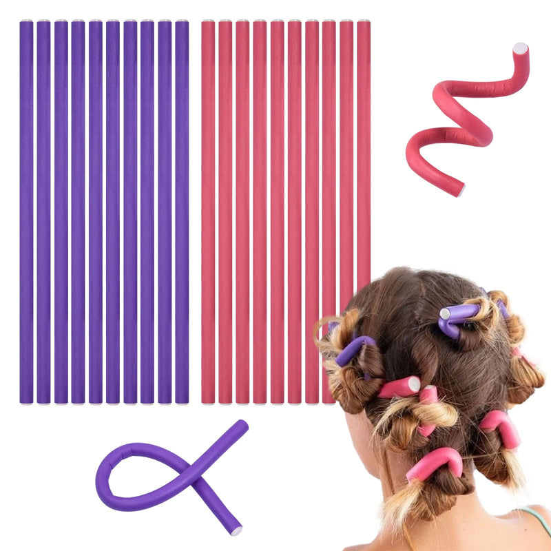 20 PCS Flexible Hair Curler, 9.45" Bendy Hair Rollers, Durable Foam Curler Roller, Heatless Curlers for Long, Short Hair, DIY Sleeping Styling Hairdressing, Hair Salon (Pink&Purple) Pink&Purple